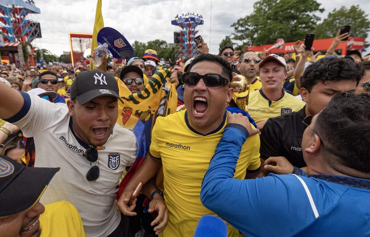 Ecuador fans rally on Friday night at the FIFA Fan Festival at Liberty Memorial. Ecuador takes on Curaçao during group stage play at Kansas City Stadium on Saturday.