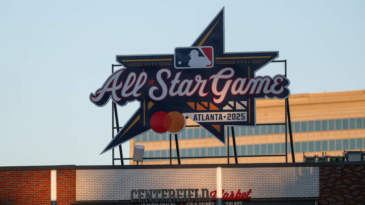 The All-Star Game logo on a sign at Truist Park during a game between the Atlanta Braves and Los Angeles Angels.
