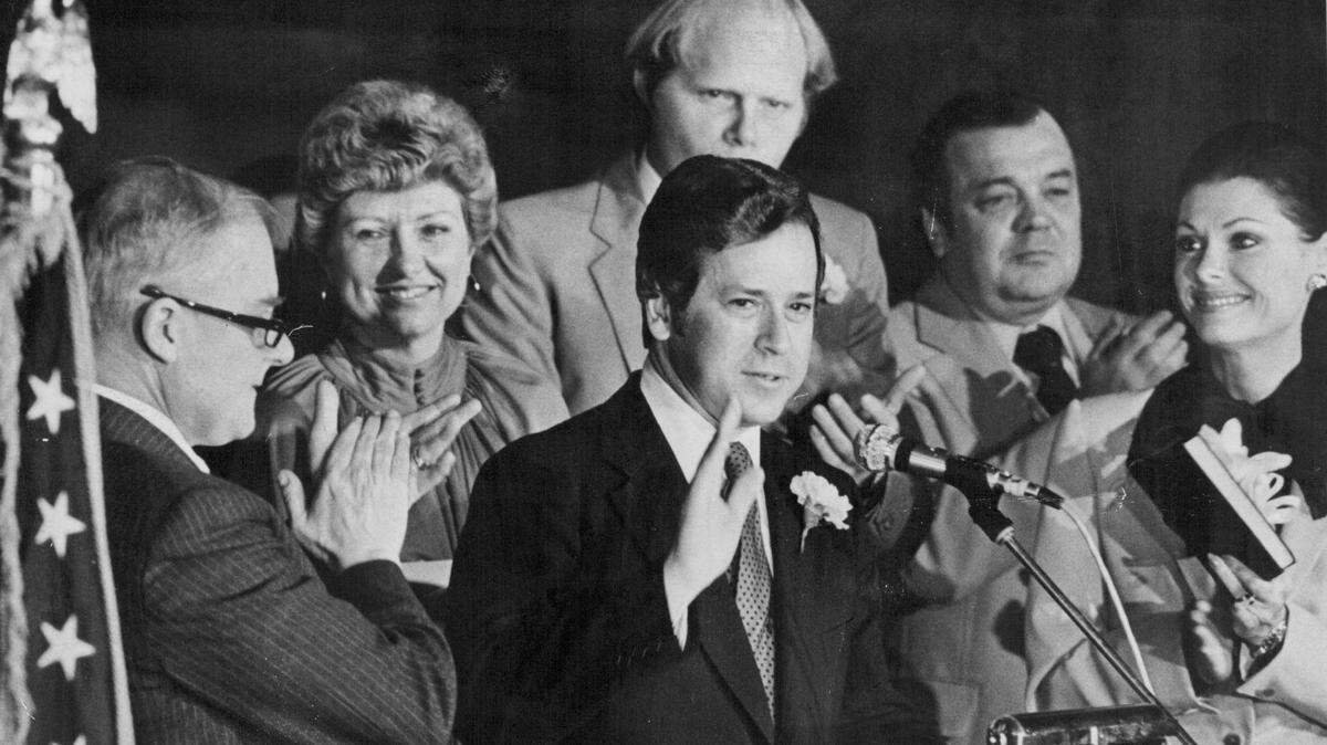 Mayor Richard Berkley, center, was sworn in for his first term in 1979. Left to right are outgoing Mayor Charles B. Wheeler, council members, Kay Waldo, Jerry Riffel, Leon Brownfield; and Sandy Berkley. Waldo was eventually elected as the mayor of Kansas City in 1999 with the name Kay Waldo Barnes.