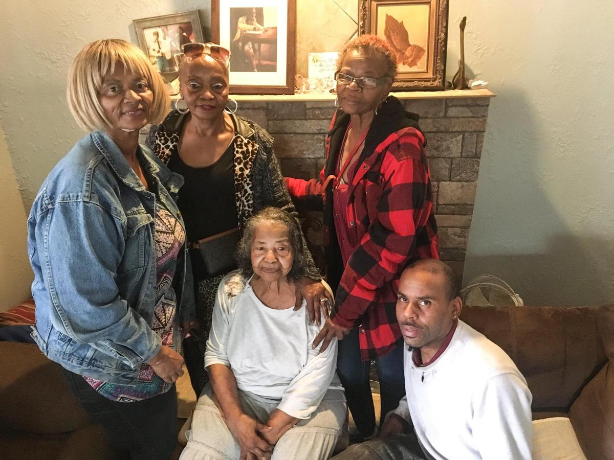 The Calvin family at their home in Kansas City, Kansas. From left to right, Mamie Wright, Oradean Walton and Gloria Calvin, Rose Calvin’s sisters. Sitting, Mamie Calvin, Rose Calvin’s mother, and her brother, Eric Calvin.