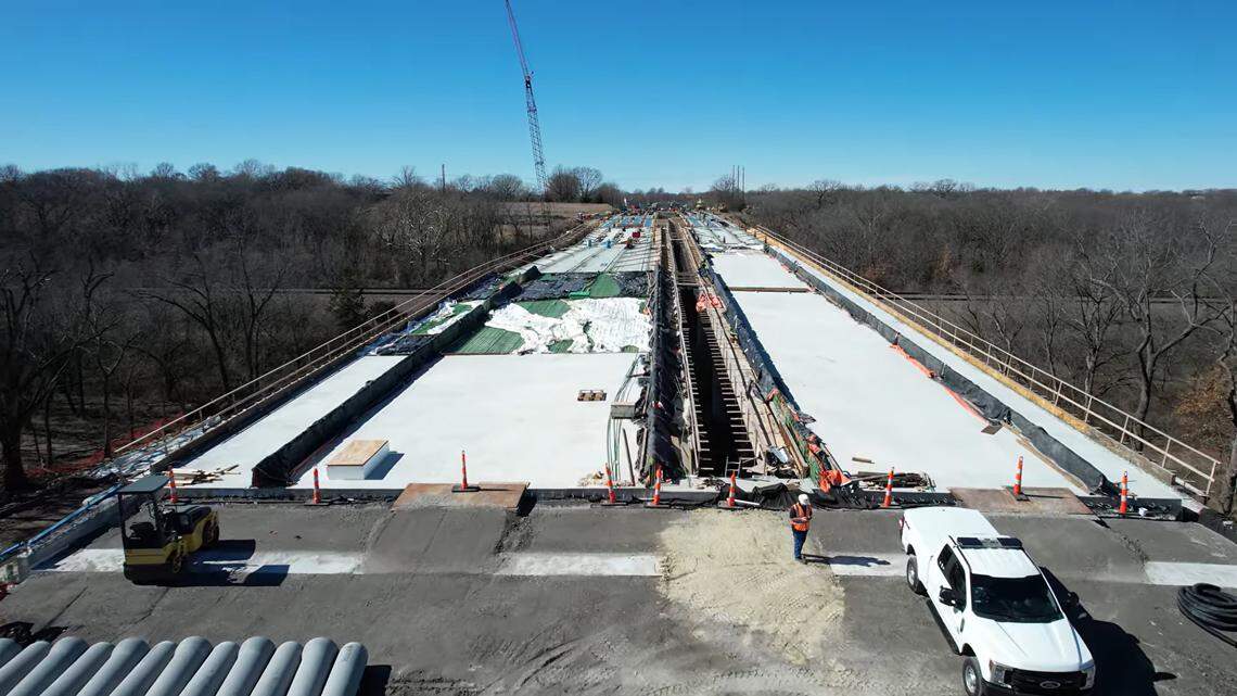 A screenshot of drone footage from February of a bridge being constructed as part of the 119th Street Extension Project.
