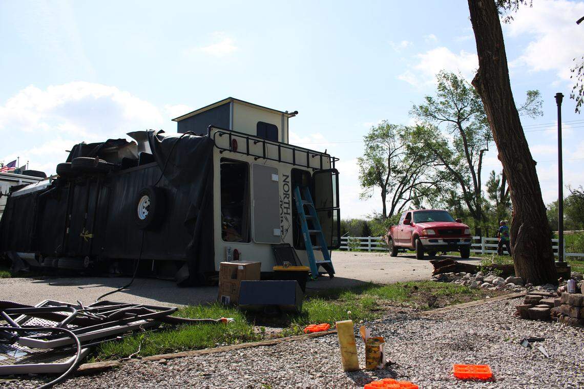 Terry Scott’s RV is seen flipped on its side at the Shady Acres RV Park near Hillsdale, Kansas, on April 14, 2024.