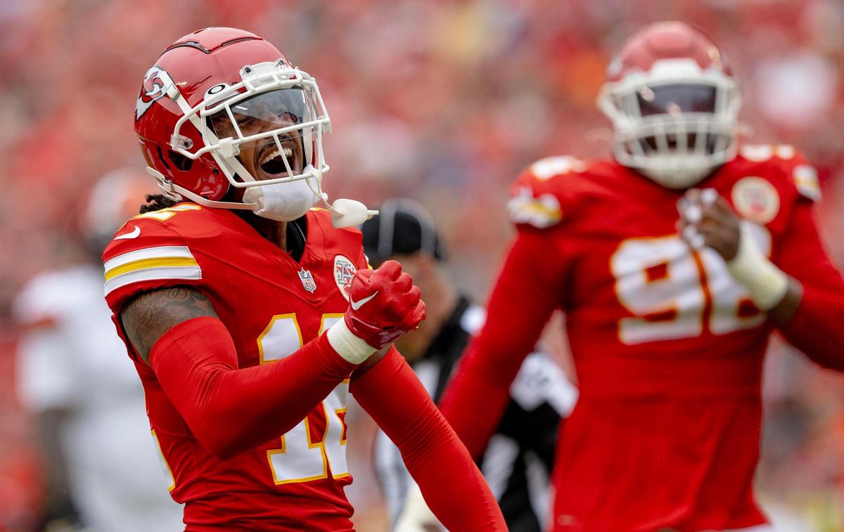 Kansas City Chiefs cornerback Kahlef Hailassie (12) celebrates a tackle against the Cleveland Browns during an NFL preseason football game on Saturday, Aug. 26, 2023, in Kansas City.