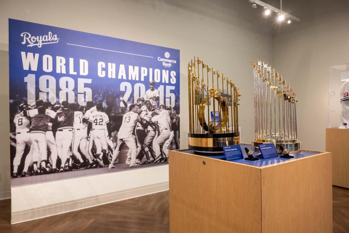 The Royals’ 1985 and 2015 World Series trophies and World Series rings on display at the Royals’ Crowning Achievements Exhibit at Commerce Bank.