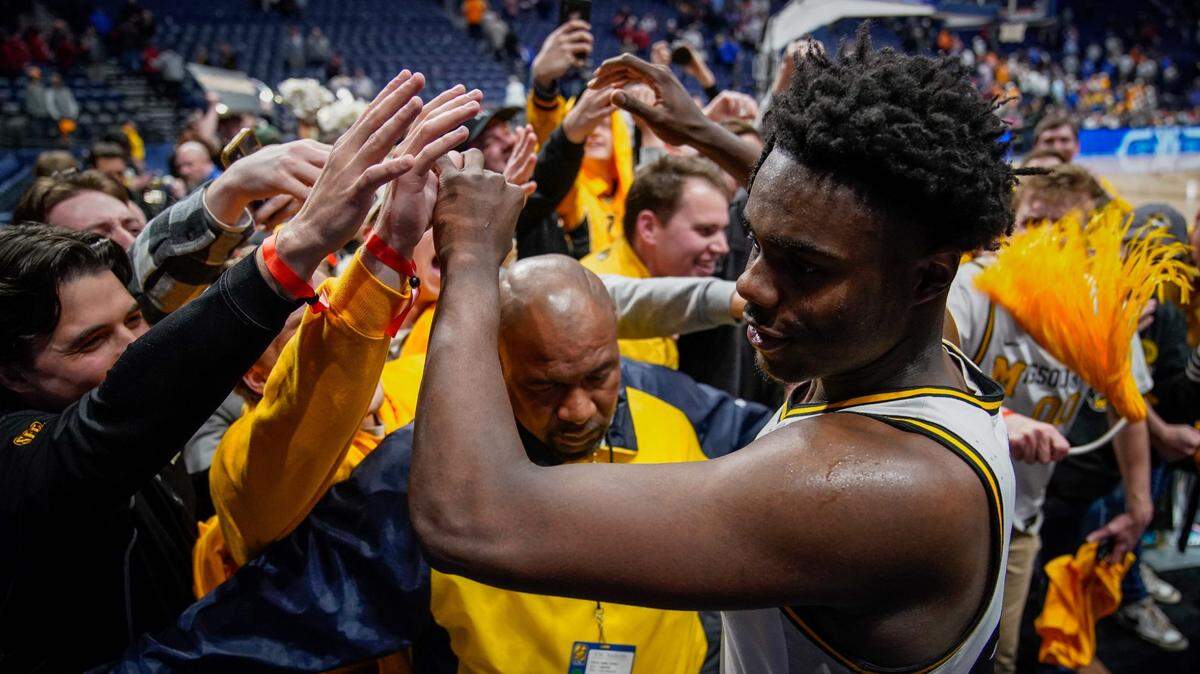 Missouri guard Kobe Brown (24) celebrates after defeating Tennessee in a SEC Men’s Basketball Tournament quarterfinal game at Bridgestone Arena in Nashville, Tenn., Friday, March 10, 2023.