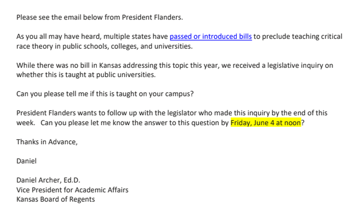 Excerpt of an email from Daniel Archer at the Kansas Board of Regents to university provosts asking for information about the teaching of critical race theory.