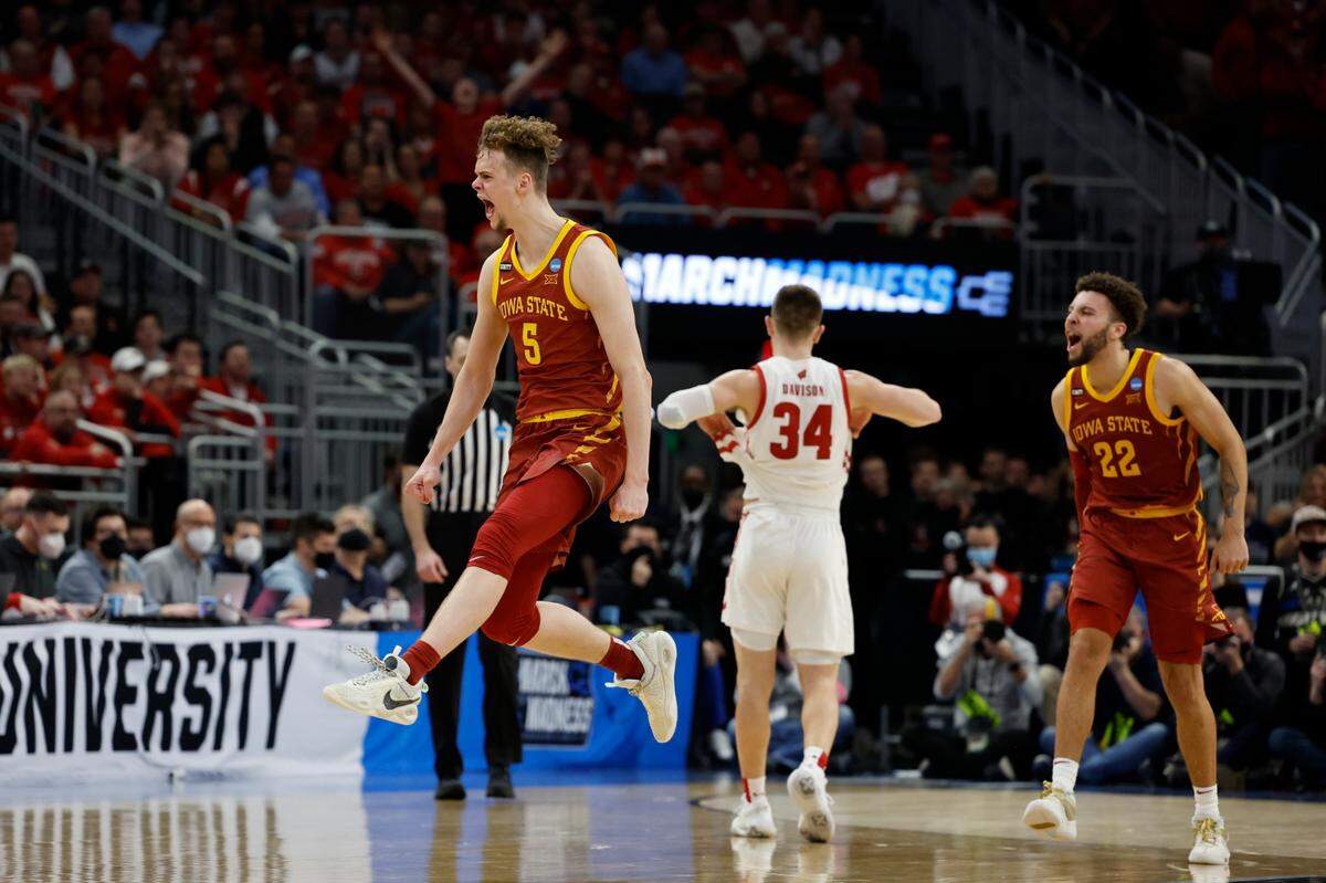 Iowa State’s Aljaz Kunc reacts during the second half of a second-round NCAA college basketball tournament game against Wisconsin Sunday, March 20, 2022, in Milwaukee. Iowa State won 54-49. (AP Photo/Jeffrey Phelps)