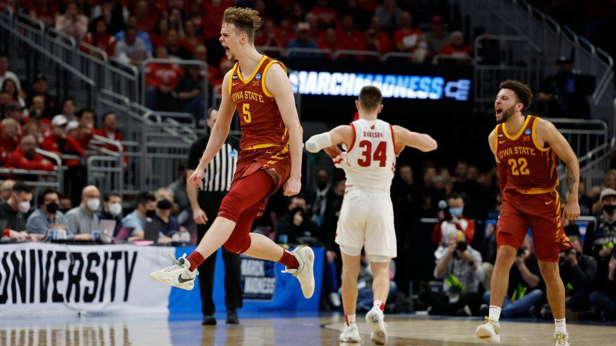 Iowa State’s Aljaz Kunc reacts during the second half of a second-round NCAA college basketball tournament game against Wisconsin Sunday, March 20, 2022, in Milwaukee. Iowa State won 54-49. (AP Photo/Jeffrey Phelps)
