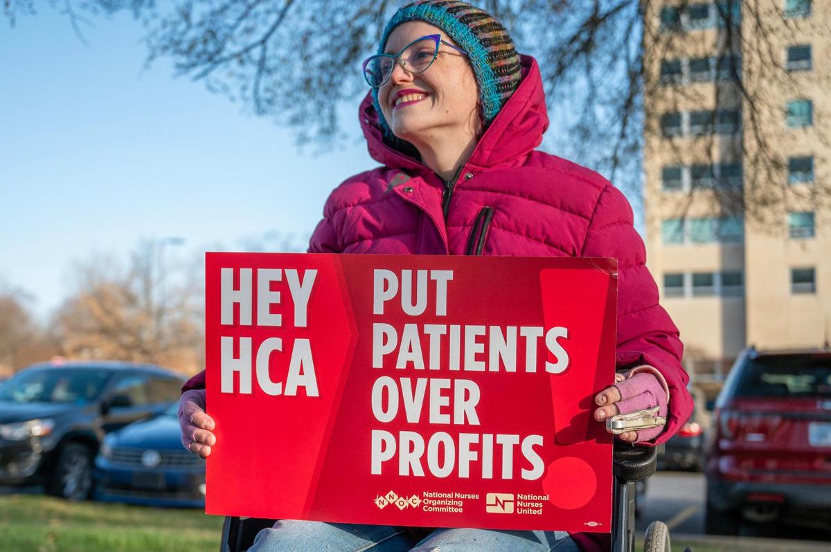 Ariana Blockmon, a patient of Research Medical Center, participates in a rally outside of the Research Medical Center building to support ongoing negotiations with HCA regarding contract renegotiations on Tuesday, March 12, 2024, in Kansas City.