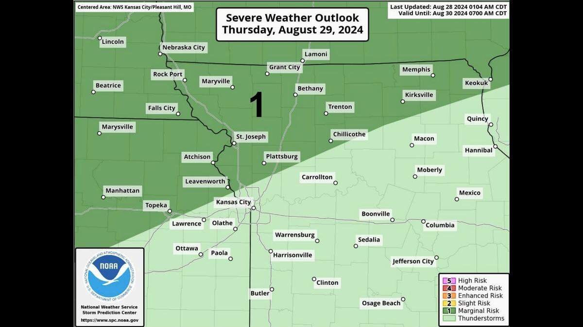 A cold front is expected to move through the Kansas City area on Thursday night, bringing the chance for widespread showers and thunderstorms across northern Missouri and northeastern Kansas, the National Weather Service said.