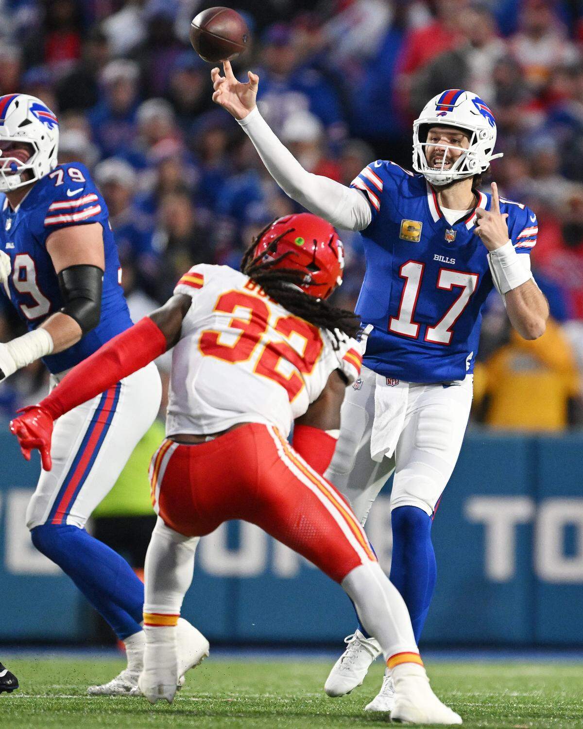Buffalo Bills quarterback Josh Allen #17 throws against the Kansas City Chiefs during an NFL Week 9 game at Highmark Stadium in Orchard Park, New York, on Sunday, Nov. 2, 2025.