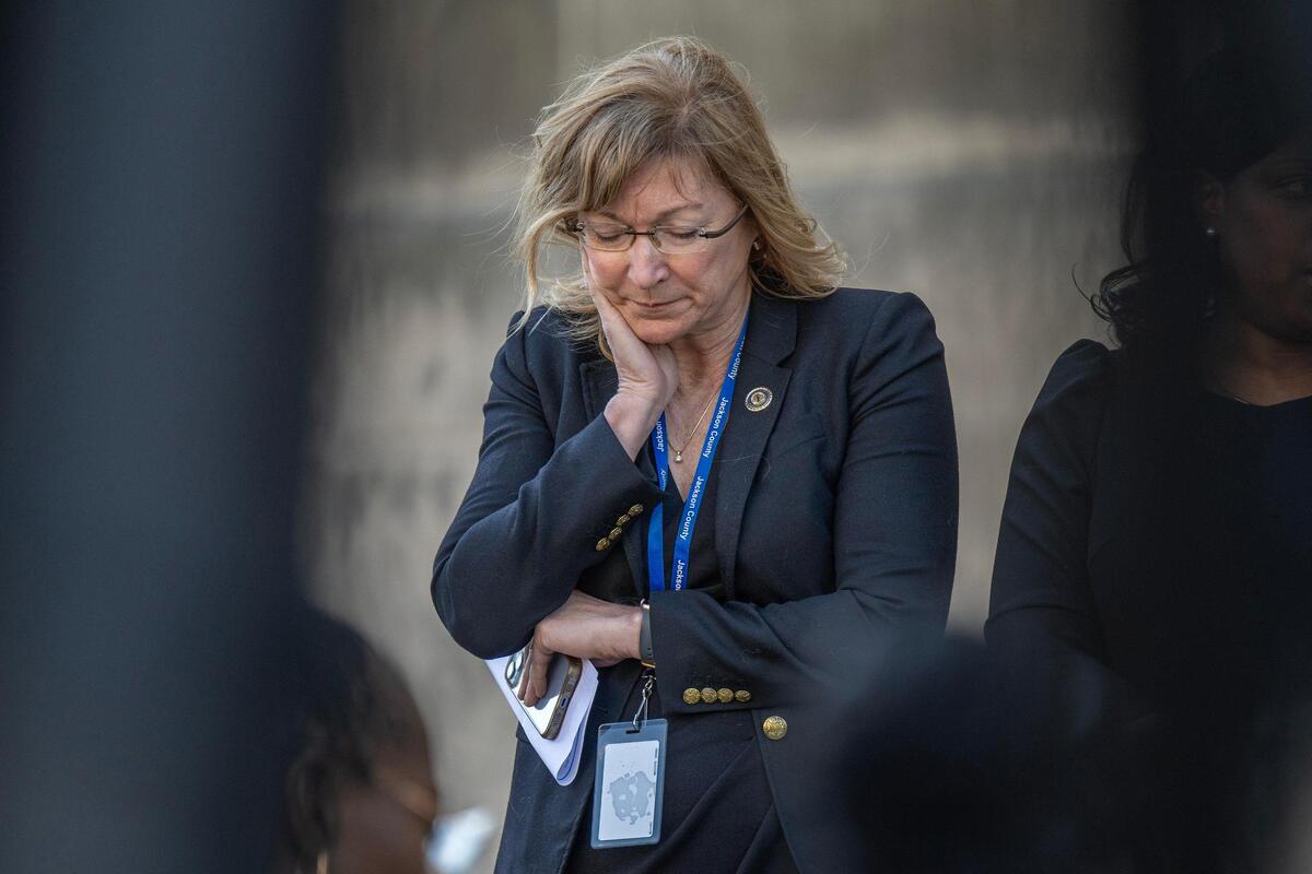 Jackson County Prosecutor Jean Peters Baker attends a memorial service for Drexel Mack, a civil process officer with Jackson County courts who was shot and killed during an eviction, at the Jackson County Courthouse on Monday, March 11, 2024, in Kansas City.