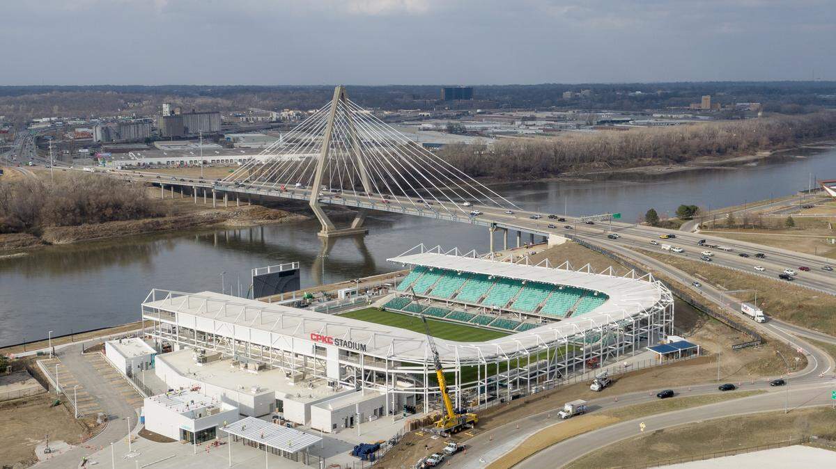 The Missouri Department of Transportation is seeking comments about replacing bridges over land to the north and south of the Bond Bridge over the Missouri River, shown here with the CPKC Stadium.