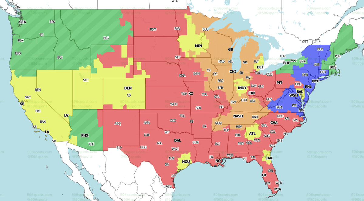 The Chiefs game will be shown in the pink areas; the Giants-Washington game is in blue; the Seahawks-Bills game is in green; the Bears-Titans game is in orange; and the Chargers-Raiders game is in yellow.