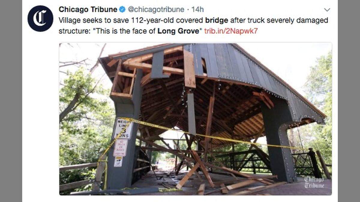 The village of Long Grove, Illinois in suburban Chicago spent years debating whether to demolish its old one-lane covered bridge. Two weeks ago the bridge was designated a national historic landmark. This week a truck smashed into it.