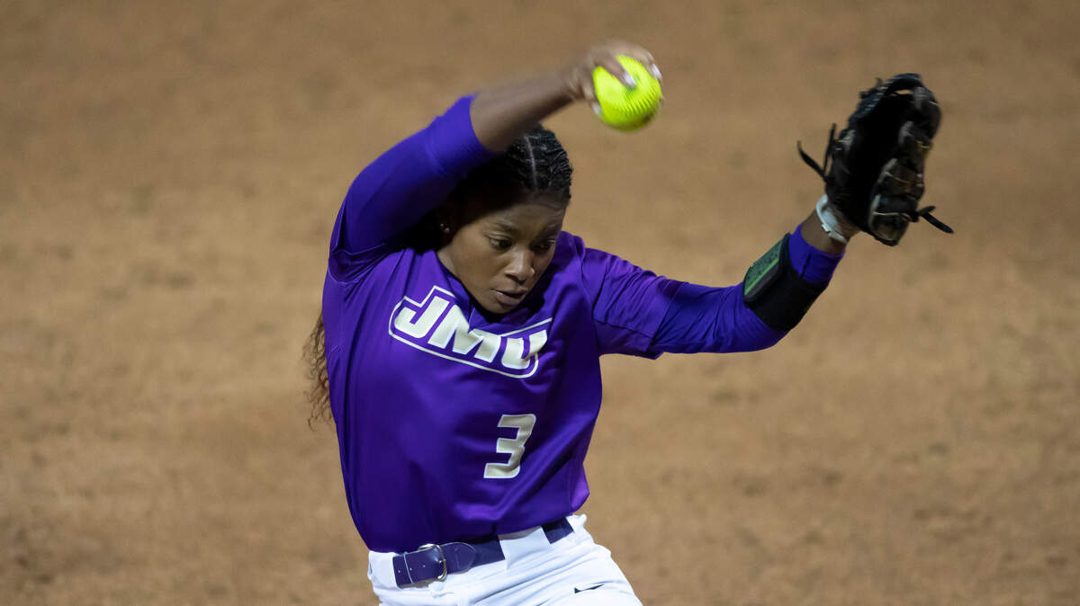 James Madison pitcher Odicci Alexander during a NCAA softball game on Friday, May 28, 2021 in Columbia, Mo. (AP Photo/Colin E. Braley)