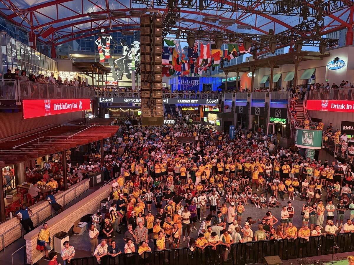 Kansas City’s Power and Light District is a sea of yellow as Colombia and Ghana played at Kansas City (Arrowhead) Stadium in the FIFA World Cup. July 3, 2026.