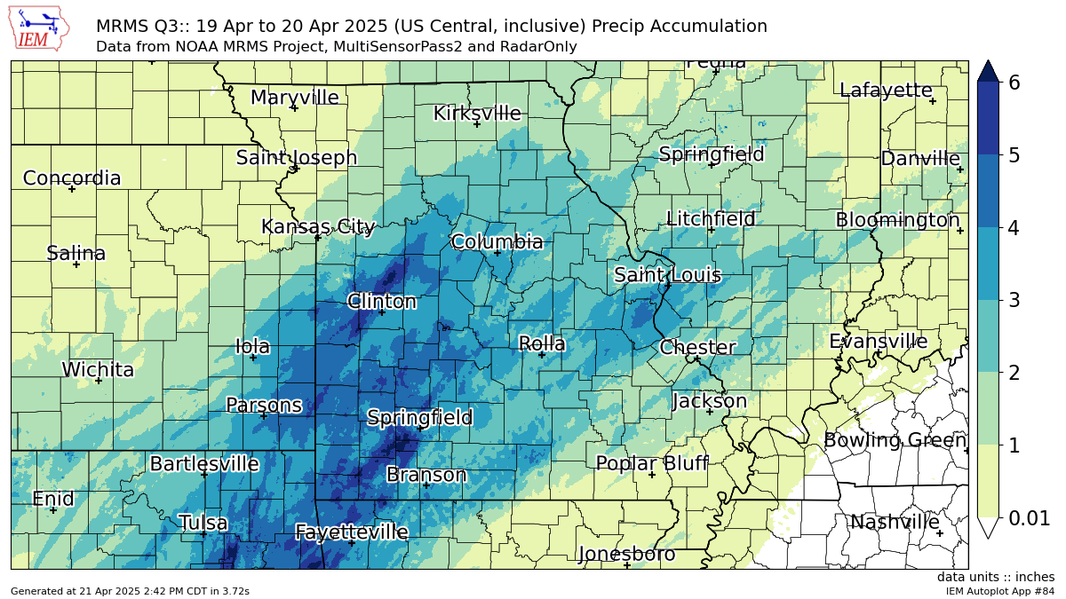 Heavy rains from weekend storms soaked the Kansas City region, with more than 5 inches of rain falling in areas south and east of the metro, according to the Iowa Environmental Mesonet at Iowa State University.