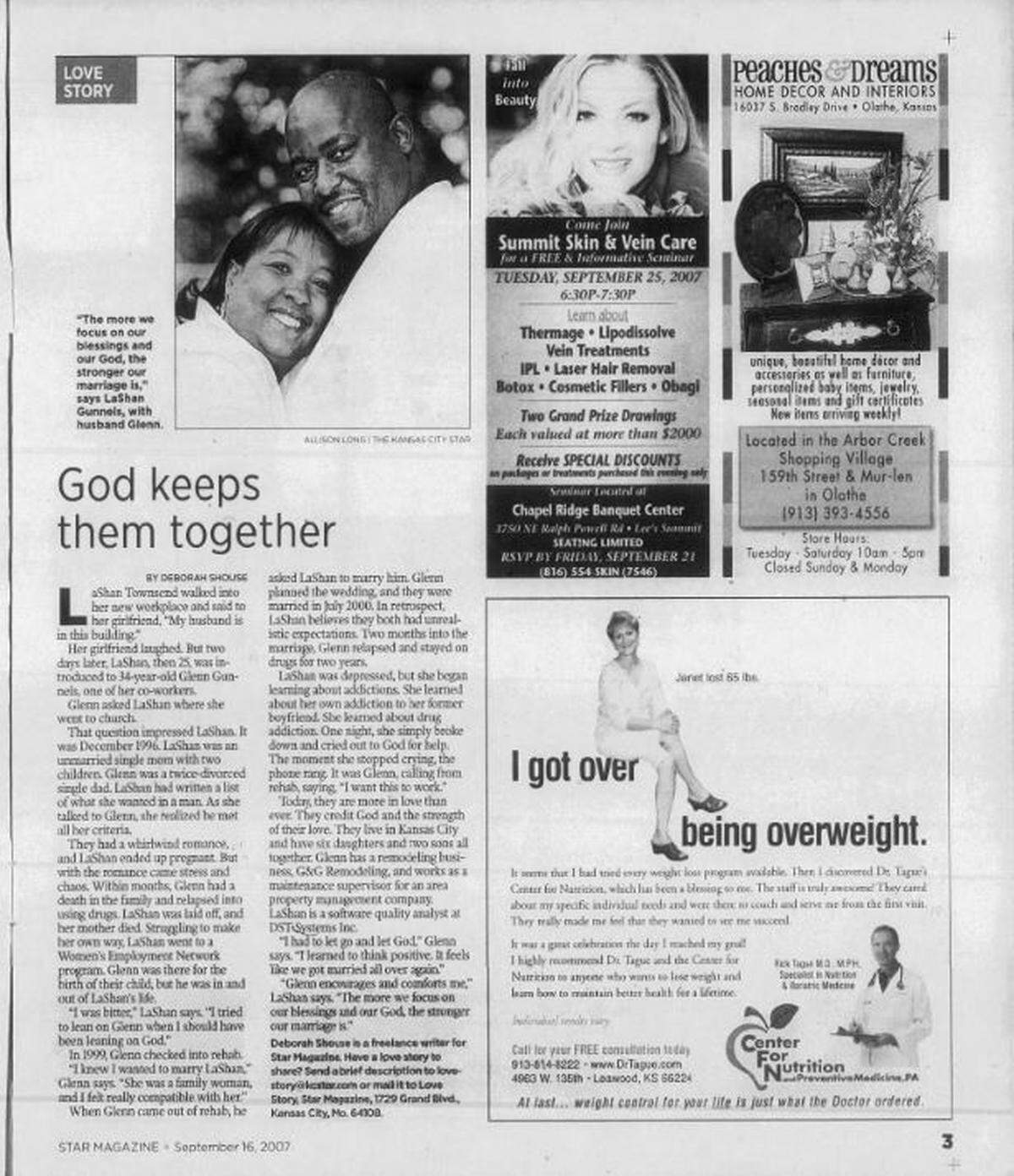 LaShan Gunnels, 52, killed in a car accident on June 7, 2024, was the subject of KC Star “Love Story” profile, along with her husband, Glenn, in the Star’s magazine in 2007.