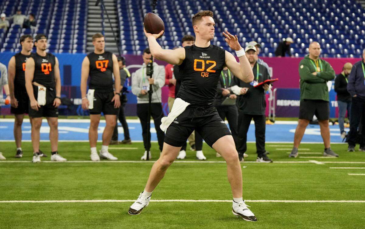 Missouri quarterback Brady Cook (QB02) during the 2025 NFL Combine at Lucas Oil Stadium on March 1, 2025.