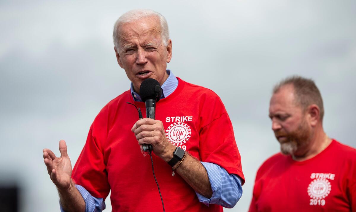 Former vice president Joe Biden before a group of United Auto Workers members Sunday, September 22, 2019, during a campaign stop to visit with UAW strikers at the General Motors Fairfax Assembly Plant in Kansas City, Kansas.