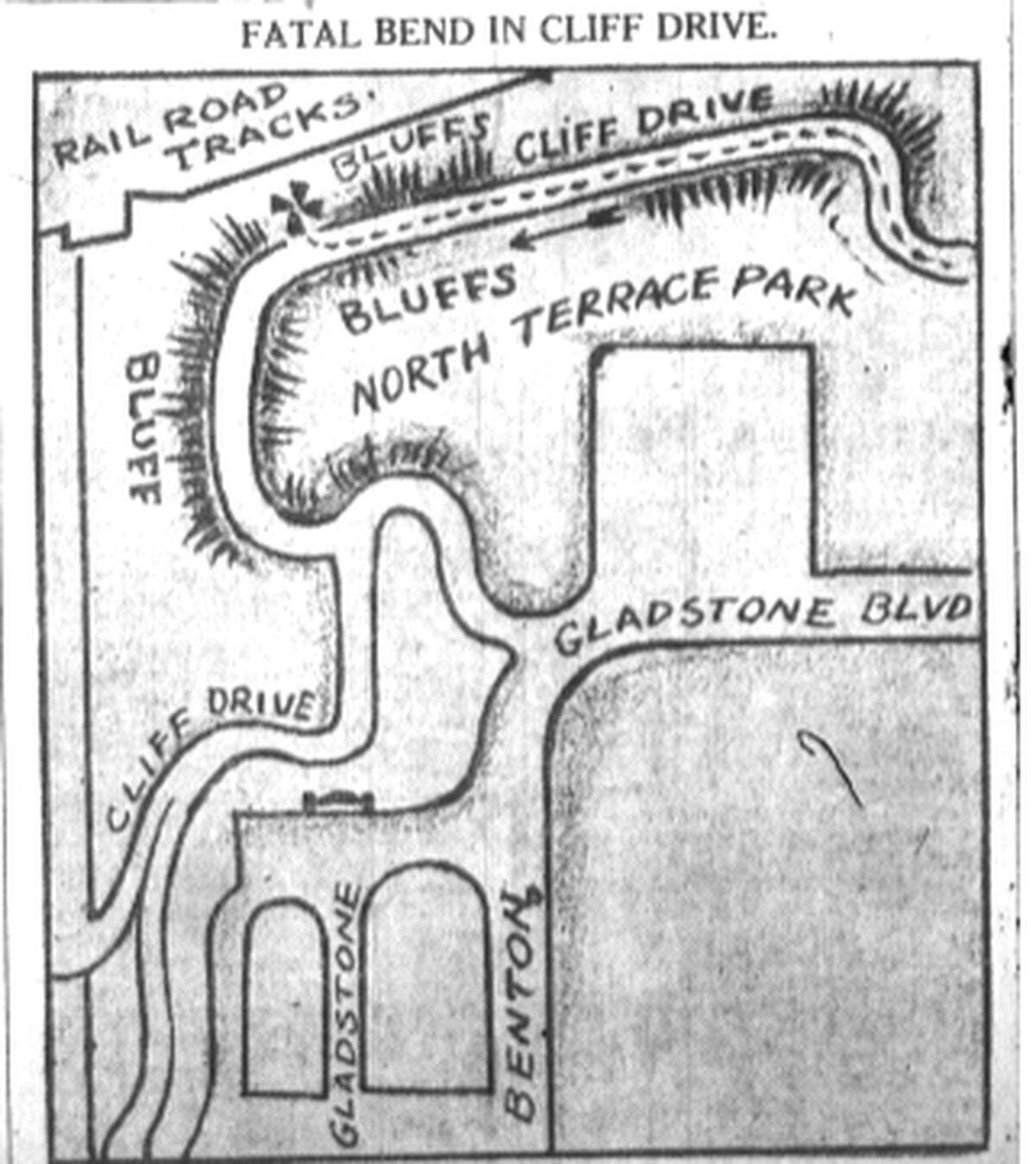 Sketch of the route driven by Mahoney and the spot where his vehicle left the road ran in The Kansas City Post on January 25, 1910.