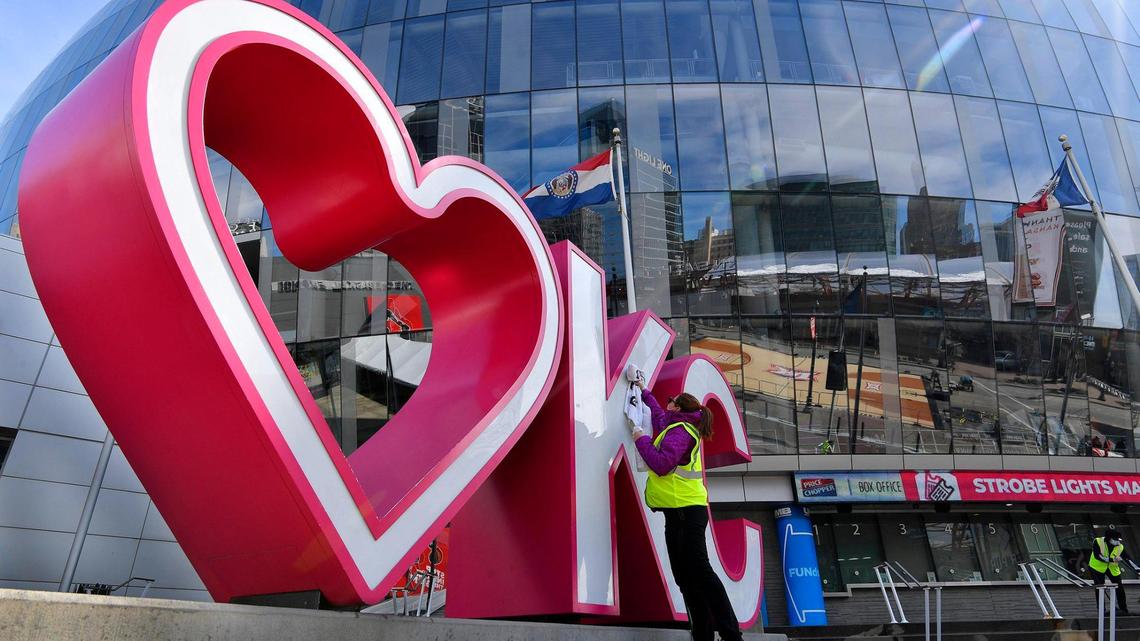 In preparation for the Big 12 Conference Men’s and Women’s Basketball Tournament being played in Kansas City, crews were busy sprucing up the exterior of the T-Mobile Center.