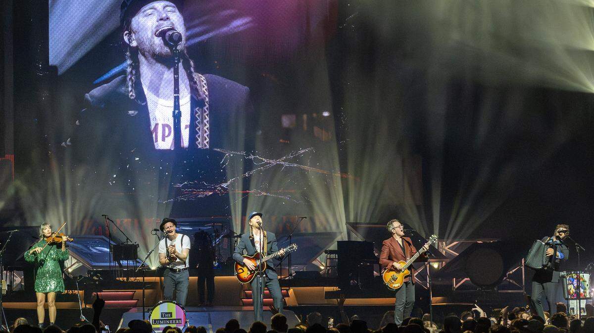 The Lumineers perform “Flowers in Your Hair” during their Automatic World Tour at the T-Mobile Center on Saturday, July 26, 2025, in Kansas City.
