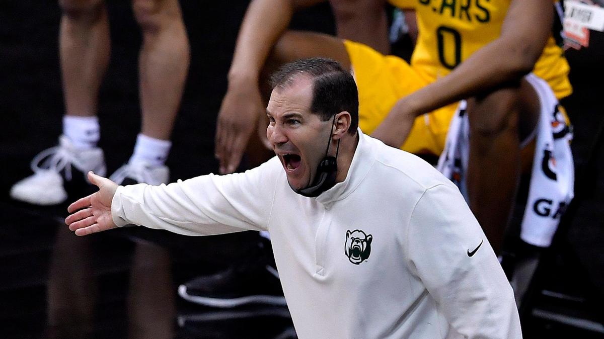 Baylor coach Scott Drew was irate after an Oklahoma State player stepped out of bounds with the ball during the first half of a Big 12 Tournament semifinal game Friday night, March 12, 2021, at the T-Mobile Center in Kansas City.