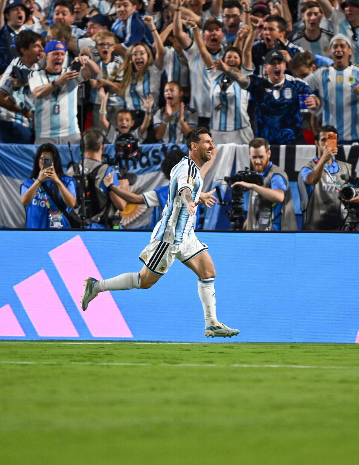 Argentina forward Lionel Messi (10) celebrates after scoring his second goal in the Argentina vs. Algeria FIFA World Cup group-stage soccer match at Kansas City (Arrowhead) Stadium in Kansas City on Tuesday, June 16, 2026.