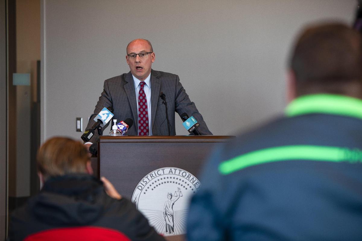 Johnson County District Attorney Steve Howe announces his office is declining to file criminal charges against four Overland Park police officers on Oct. 17, 2023, at the Johnson County Court House in Olathe. The announcement came after a nearly 18-month investigation into the misuse of funds for the Overland Park Police Officers Foundation.