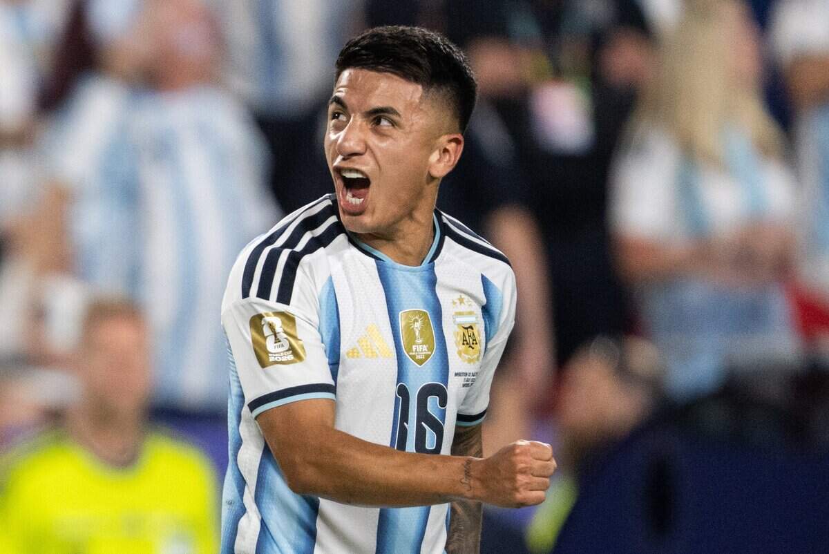 Argentina midfielder Thiago Almada (16) celebrates after Argentina scores a goal in a 2026 FIFA World Cup quarterfinal match at Kansas City (Arrowhead) Stadium in Kansas City on Saturday, July 11, 2026.