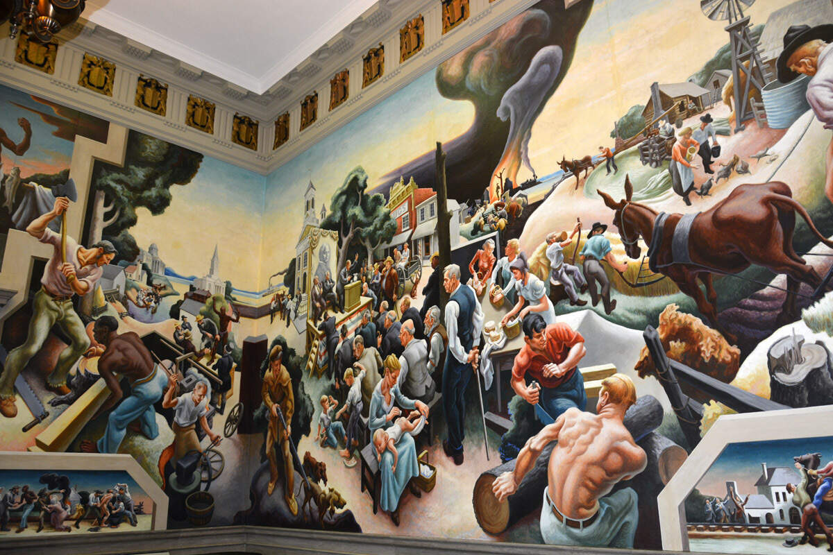 Thomas Hart Benton's "A Social History of the State of Missouri," completed in 1936, covers the walls of the House Lounge in the Missouri State Capitol.