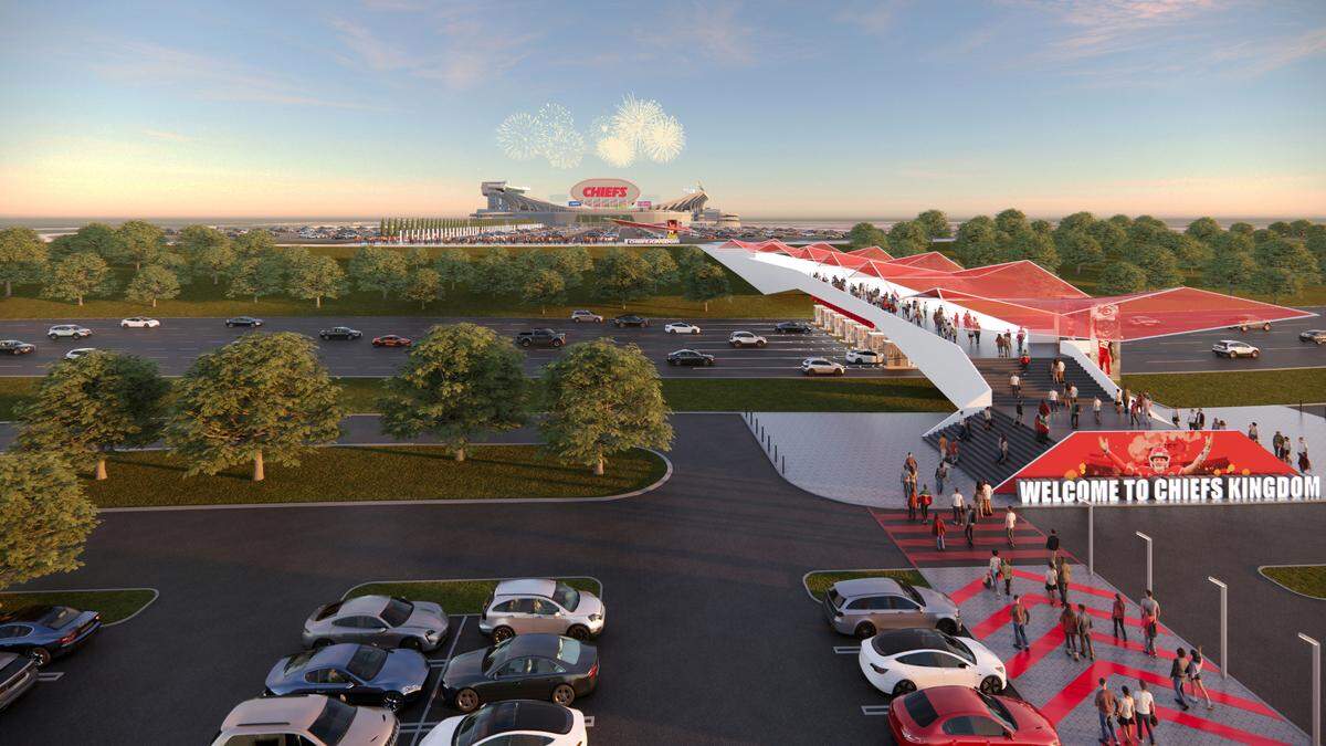 A designer’s rendering shows a pedestrian bridge leading to GEHA Field at Arrowhead Stadium.