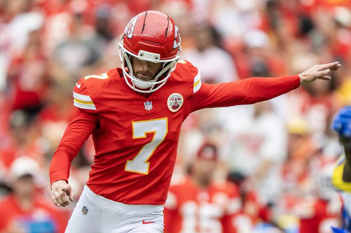 Kansas City Chiefs place kicker Harrison Butker (7) kicks a field goal in the second quarter during a preseason NFL game against the Los Angeles Rams at Arrowhead Stadium on Saturday, Aug. 15, 2026, in Kansas City.