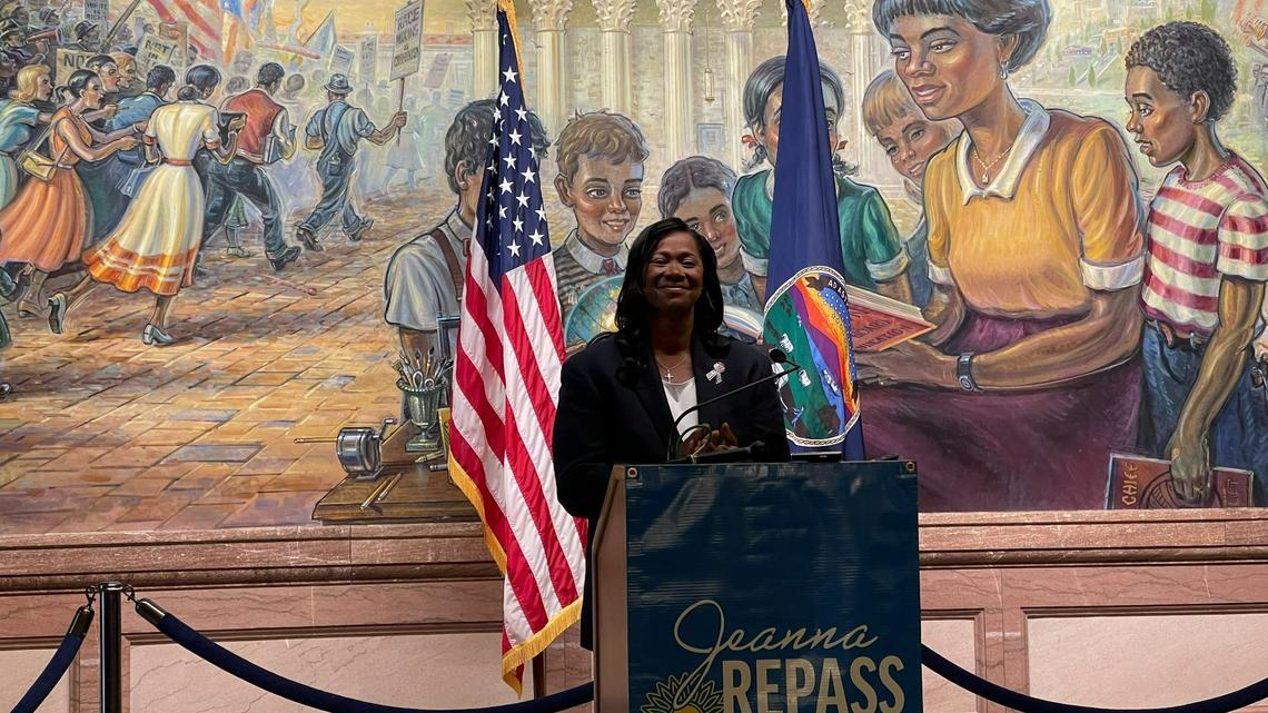 Jeanna Repass announces her campaign for Kansas Secretary of State on Tuesday May, 17.