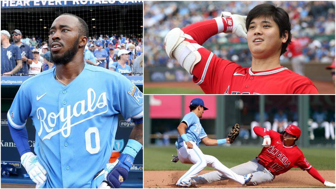 Photo collage: The Kansas City Royals, after a walk-off hit from Samad Taylor (left), stormed back to defeat Shohei Ohtani (top right) and the Los Angeles Angels at Kauffman Stadium on Saturday, June 17, 2023.