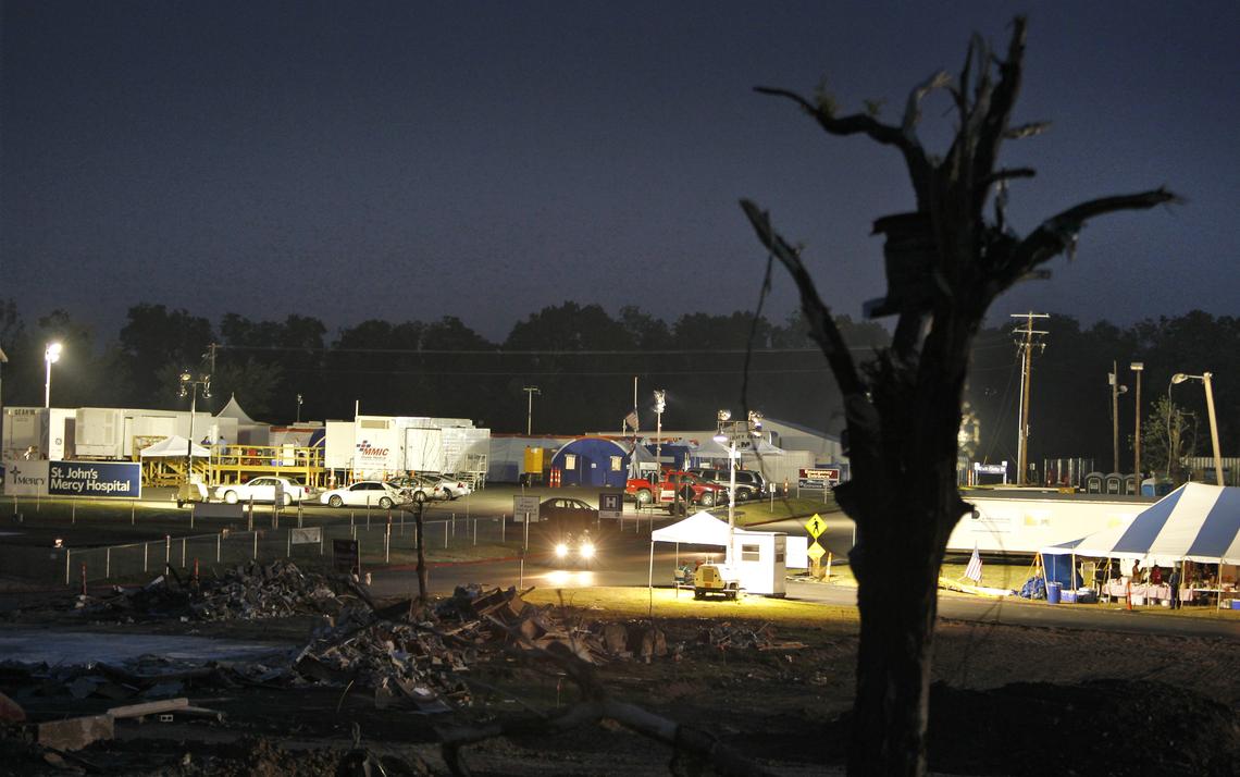 The St. John’s field hospital is up and running, under temporary lights, about a block from the destroyed Joplin hospital. Some traumatized workers haven’t come back.