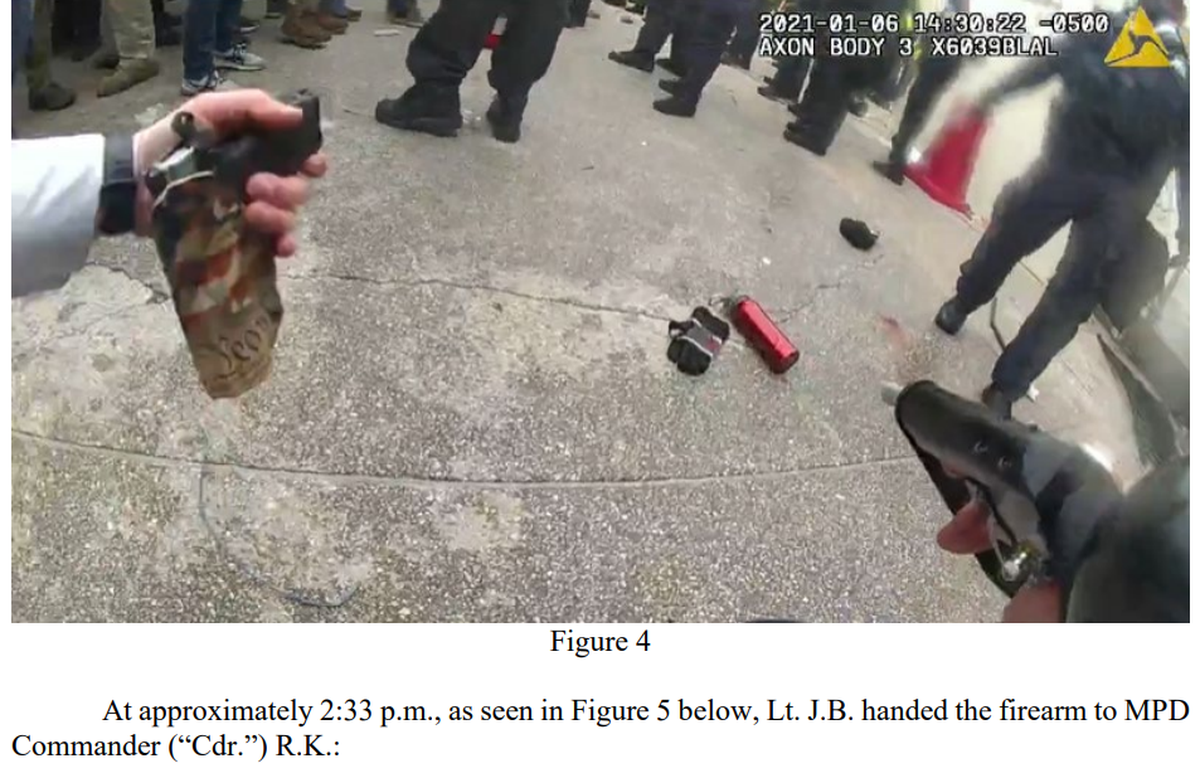 This is a photo of Jerod Bargar’s gun found on the ground outside the U.S. Capitol on Jan. 6, 2021.