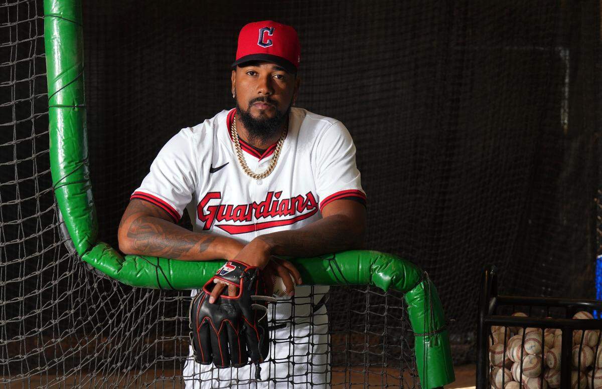 Cleveland Guardians pitcher Emmanuel Clase poses for a photo during media day events in Goodyear, Arizona, on Feb. 20, 2025.