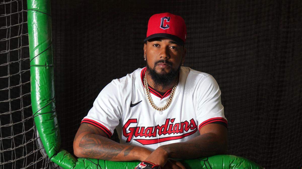 Cleveland Guardians pitcher Emmanuel Clase poses for a photo during media day events in Goodyear, Arizona, on Feb. 20, 2025.