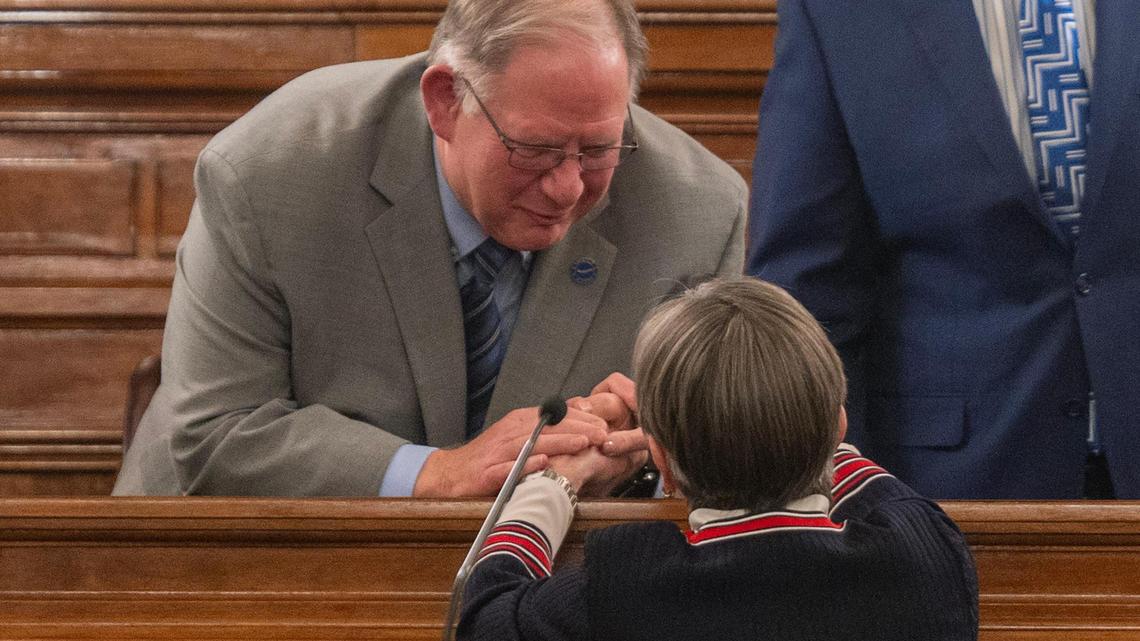 Kansas House Speaker Daniel Hawkins greets Kansas Governor Laura Kelly before the State of the State address at the Kansas State Capitol on Wednesday, Jan. 10, 2024, in Topeka, Kansas.