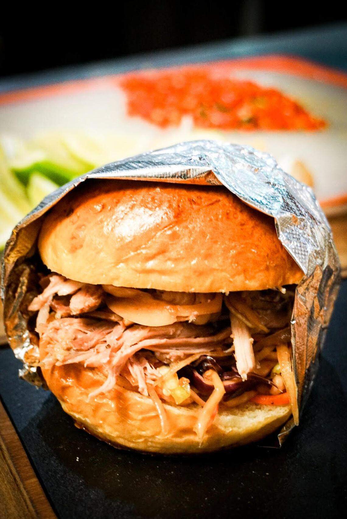 Buck Tui BBQ’s smoked pulled pork sandwich.