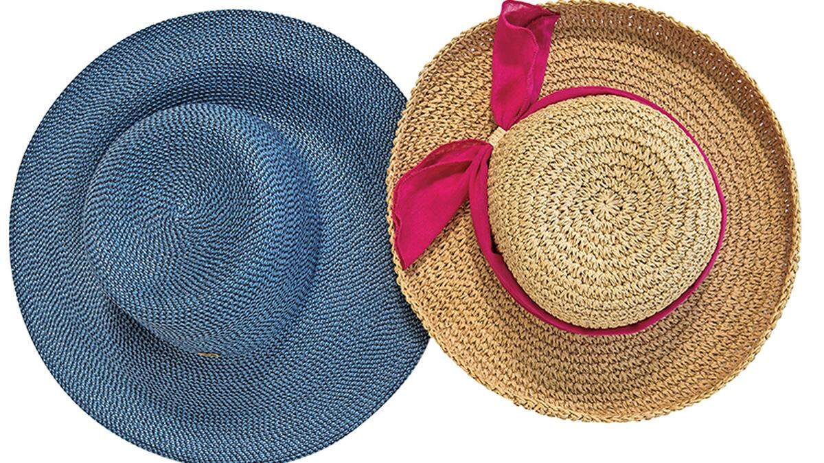 Eric Javits hat, $198 at Halls Kansas City, and sun hat with pink detail, $26 at Swim Things.