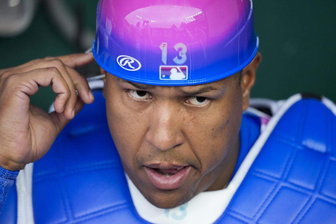 Salvador Perez #13 of the Kansas City Royals gets ready to take the field prior to the game against the Chicago White Sox at Kauffman Stadium on April 10, 2026 in Kansas City.