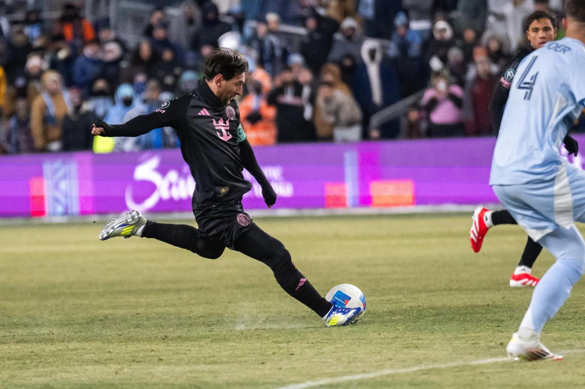 Inter Miami CF forward Lionel Messi takes a shot on goal in the first half of the Concacaf Champions Cup match of Sporting KC vs. Inter Miami CF on Wednesday, Feb. 19, 2025, at Sporting Park. Messi scored the matches only goal.
