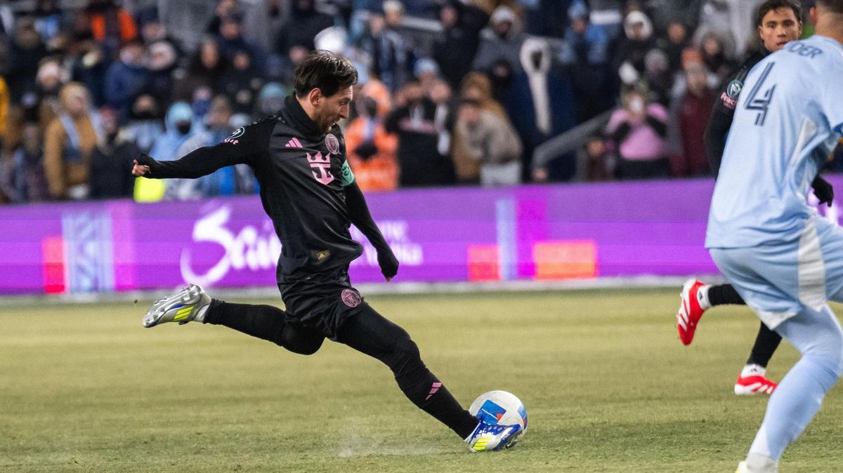Inter Miami CF forward Lionel Messi takes a shot on goal in the first half of the Concacaf Champions Cup match of Sporting KC vs. Inter Miami CF on Wednesday, Feb. 19, 2025, at Sporting Park. Messi scored the matches only goal.