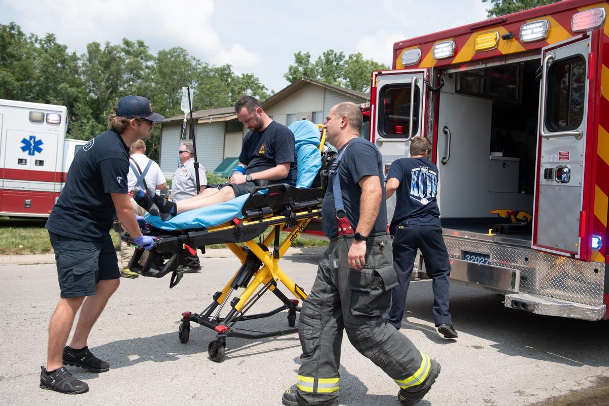 One firefighter was treated for overheating, according to the Kansas City Fire Department, during a two-alarm fire at the Gatehouse Apartments & Townhomes, near 116th Street and Winchester Avenue on Monday, July 22, 2024, in south Kansas City