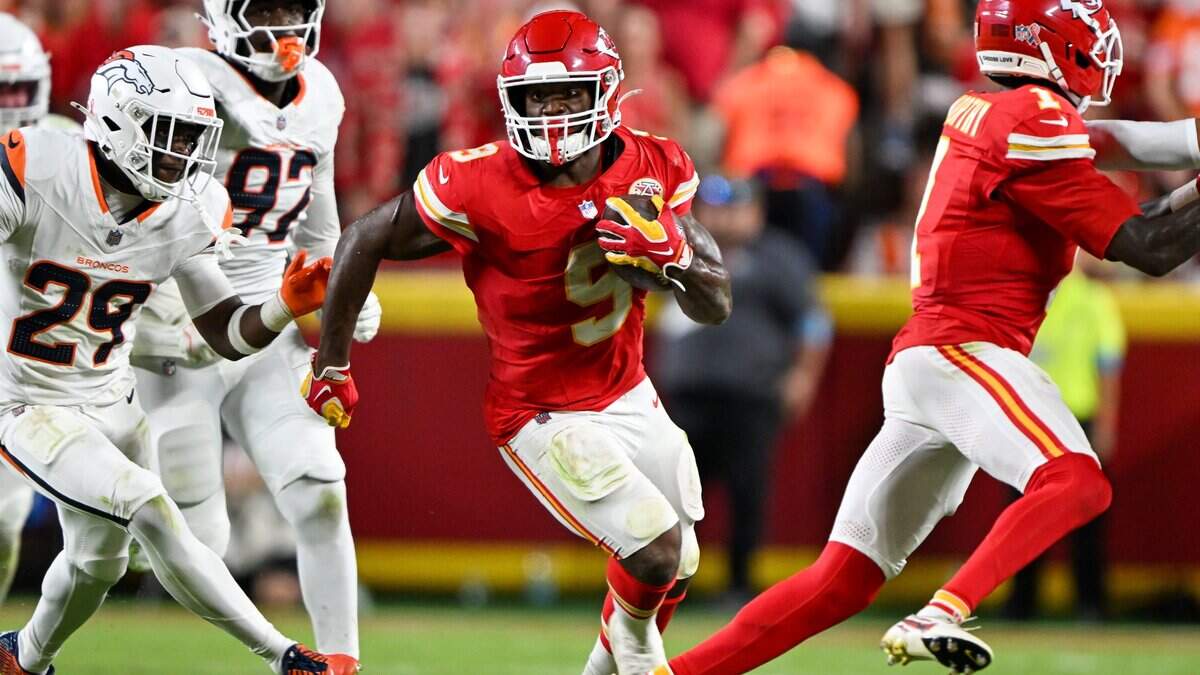 Kansas City Chiefs running back Kenneth Walker III (9) runs the ball for a 60-yard touchdown in the second half of the Kansas City Chiefs vs. Denver Broncos NFL season opener at Arrowhead Stadium in Kansas City on Sept. 14, 2026.