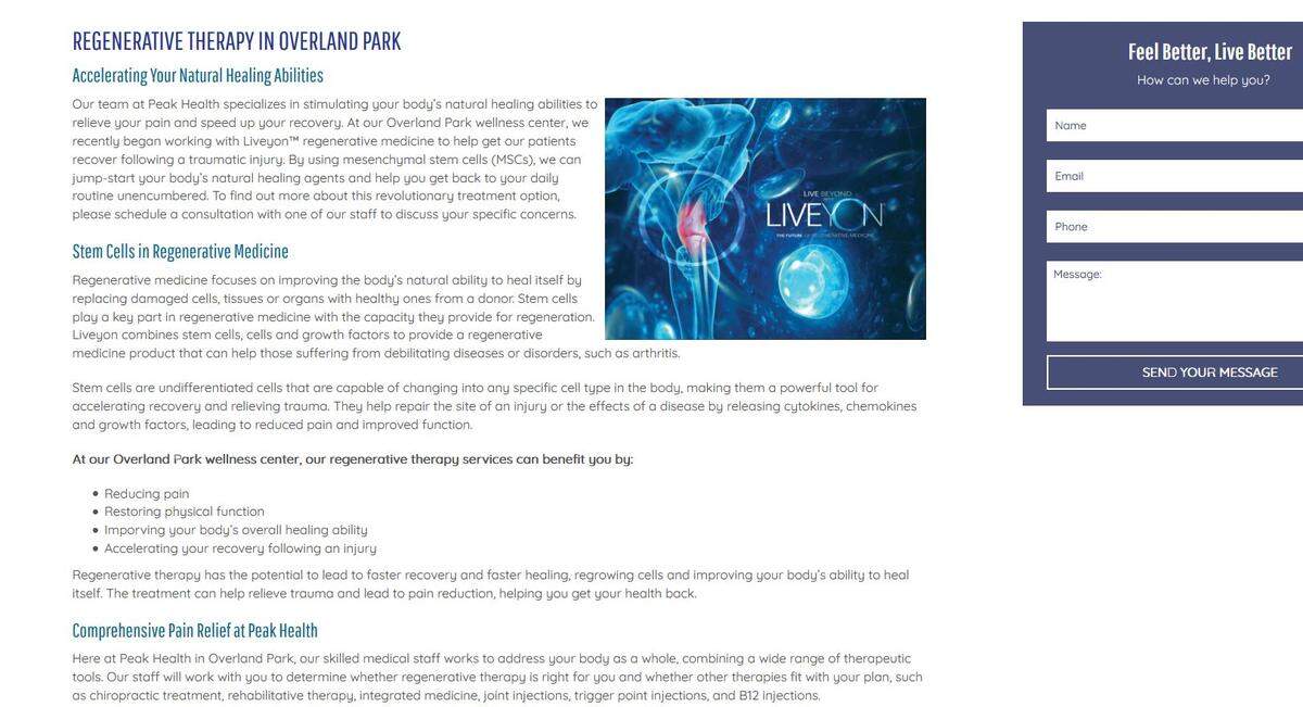 A screenshot from Peak Health’s website shows that as of Friday, the chiropractic clinic in south Overland Park was still offering unapproved stem cell treatment using Liveyon products.